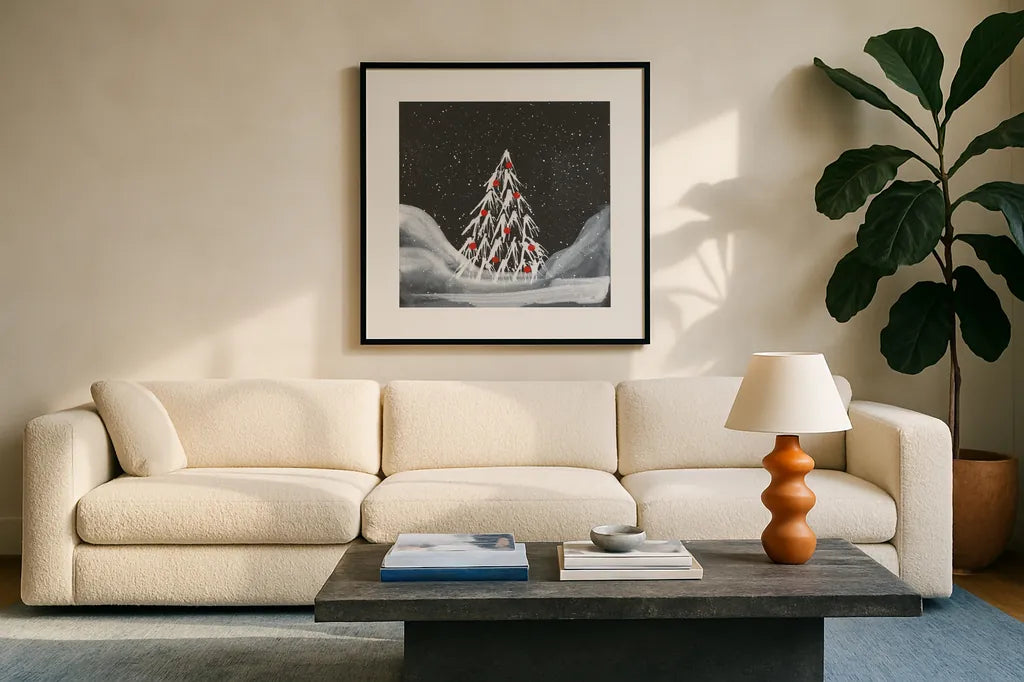 Winter White I by Chris Paschke. Displayed in a glass frame with matte in a clean modern living room. Available as an archival giclee rolled canvas, fine art paper, or poster print. SKU 83118a.