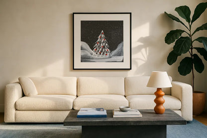 Winter White I by Chris Paschke. Displayed in a glass frame with matte in a clean modern living room. Available as an archival giclee rolled canvas, fine art paper, or poster print. SKU 83118a.