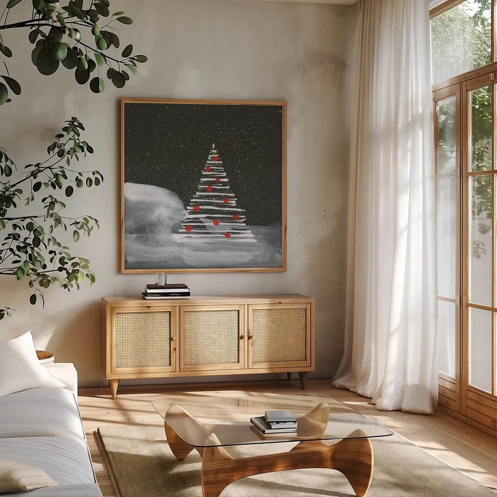 Winter White II by Chris Paschke. Shown in a natural wood frame in a cozy modern living room. Available as an archival giclee rolled canvas, fine art paper, or poster print. SKU 83119a.
