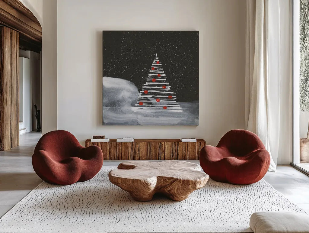 Winter White II by Chris Paschke. Shown as extra-large giant wall art in a modern living room. Available as an archival giclee rolled canvas, fine art paper, or poster print. SKU 83119a.