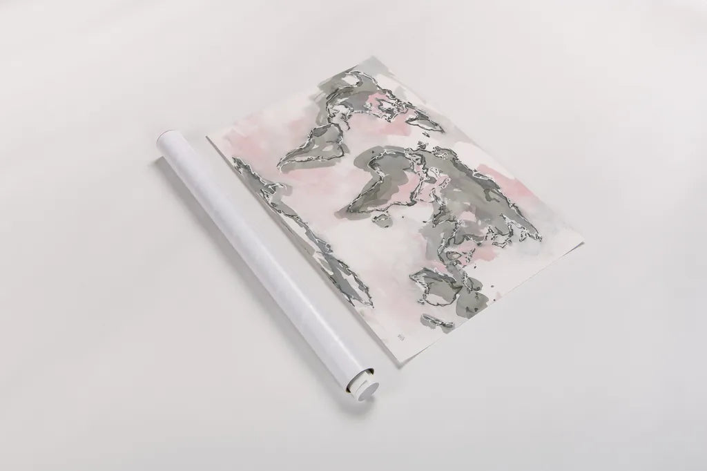 World Map Blush by Chris Paschke. shown as a rolled paper print. Available as archival giclee rolled canvas, fine art paper, or poster print. SKU 53227i.