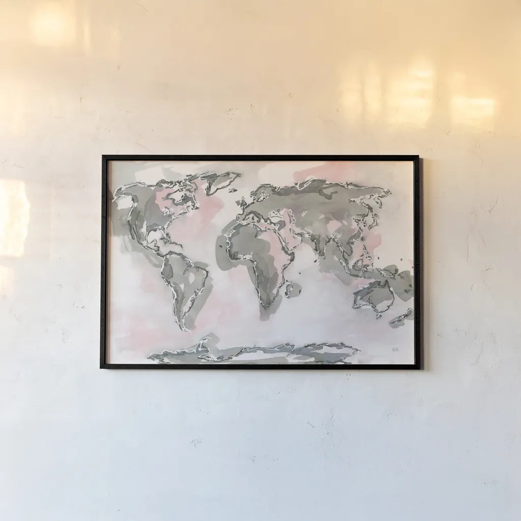 World Map Blush by Chris Paschke. shown as a paper print in a black flame. Available as a archival giclee rolled canvas, fine art paper, or poster print. SKU 53227i.