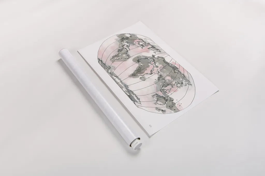 World Map Blush v2 by Chris Paschke. shown as a rolled paper print. Available as archival giclee rolled canvas, fine art paper, or poster print. SKU 53933i.