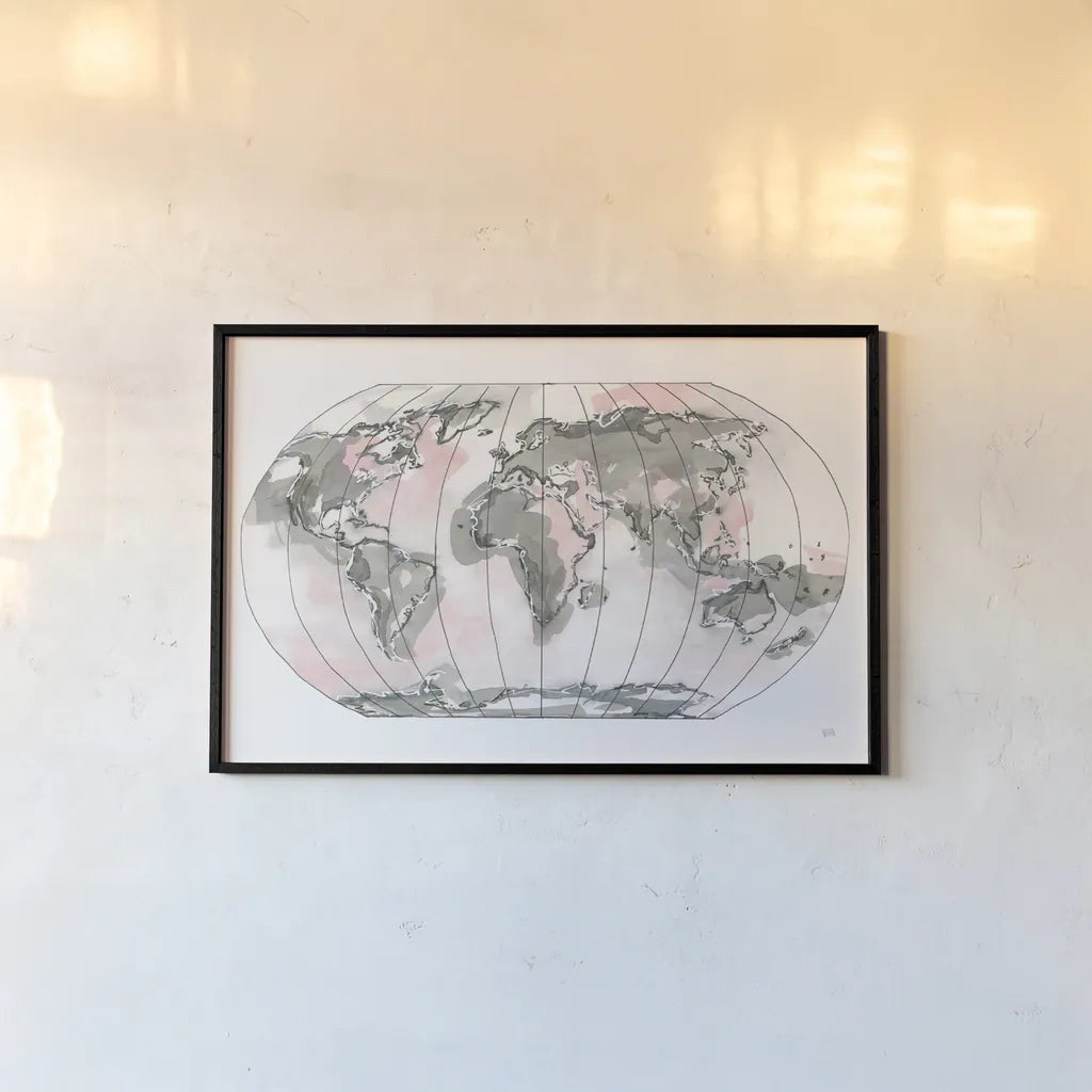 World Map Blush v2 by Chris Paschke. shown as a paper print in a black flame. Available as a archival giclee rolled canvas, fine art paper, or poster print. SKU 53933i.