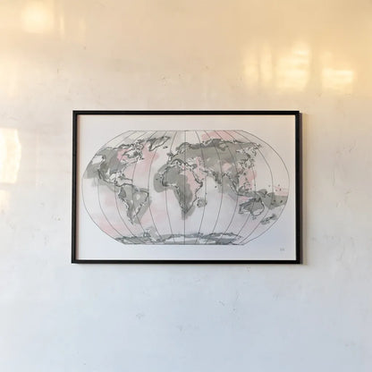 World Map Blush v2 by Chris Paschke. shown as a paper print in a black flame. Available as a archival giclee rolled canvas, fine art paper, or poster print. SKU 53933i.