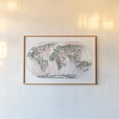 World Map Blush v2 by Chris Paschke. shown as a paper print in a natural frame. Available as a archival giclee rolled canvas, fine art paper, or poster print. SKU 53933i.