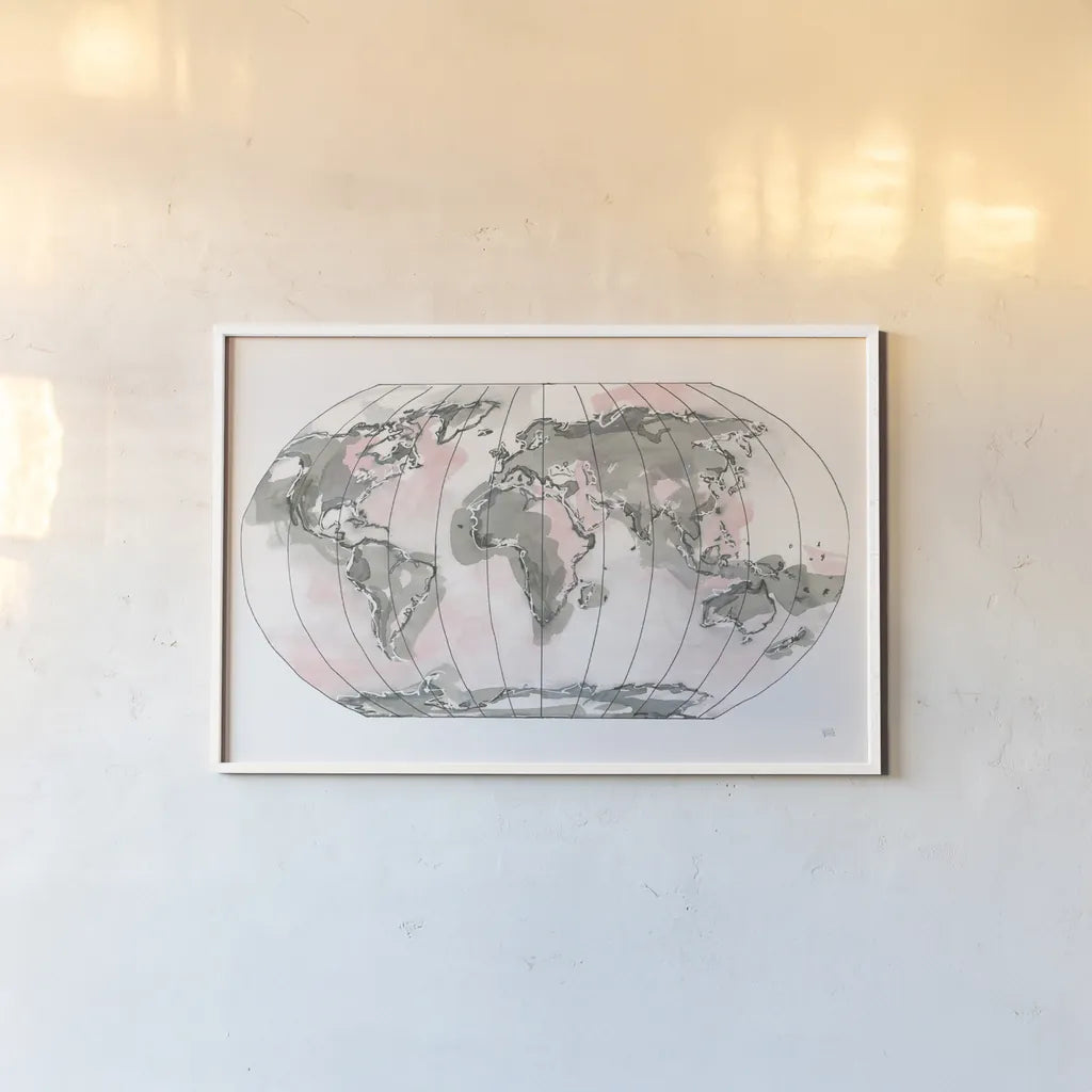 World Map Blush v2 by Chris Paschke. shown as a paper print in a white frame. Available as a archival giclee rolled canvas, fine art paper, or poster print. SKU 53933i.