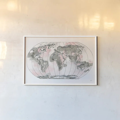 World Map Blush v2 by Chris Paschke. shown as a paper print in a white frame. Available as a archival giclee rolled canvas, fine art paper, or poster print. SKU 53933i.