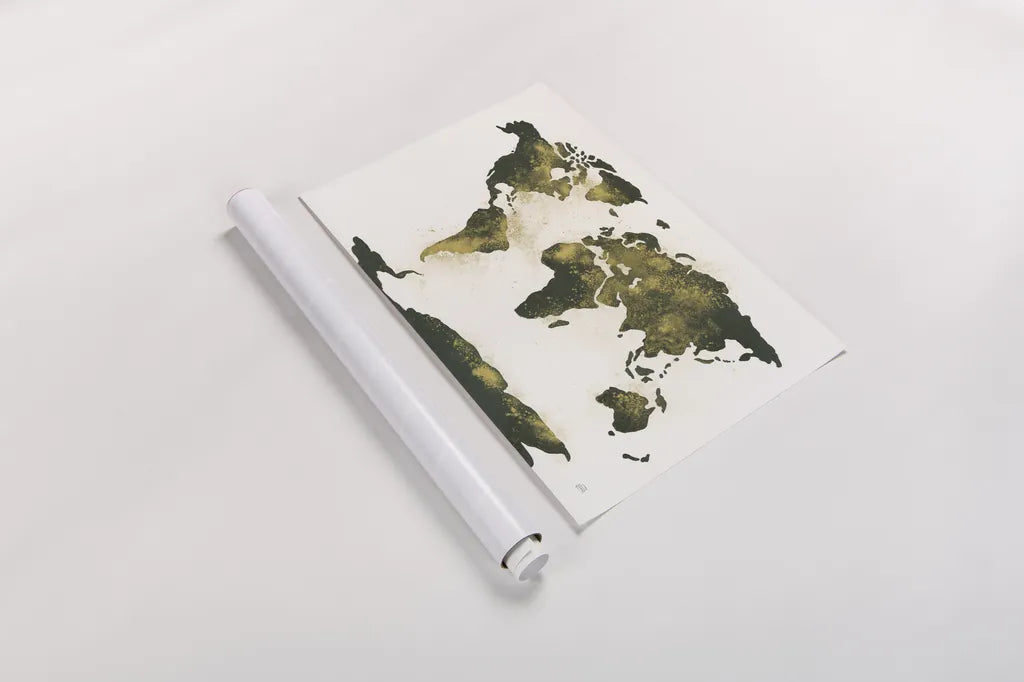 World Map Gold Dust by Chris Paschke. shown as a rolled paper print. Available as archival giclee rolled canvas, fine art paper, or poster print. SKU 53224i.