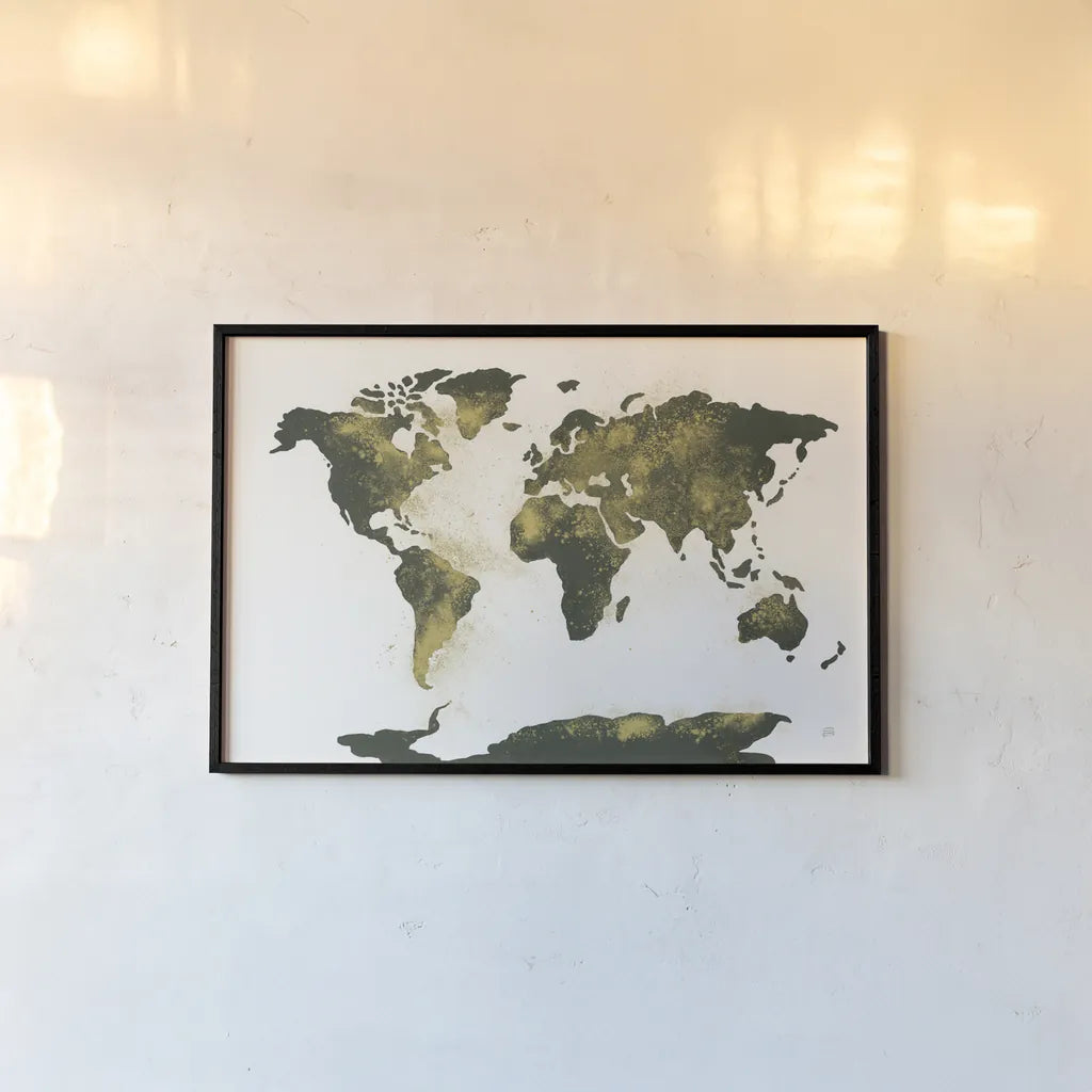 World Map Gold Dust by Chris Paschke. shown as a paper print in a black flame. Available as a archival giclee rolled canvas, fine art paper, or poster print. SKU 53224i.