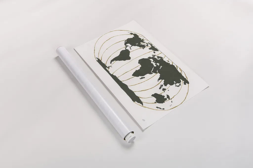 World Map Gold Lines by Chris Paschke. shown as a rolled paper print. Available as archival giclee rolled canvas, fine art paper, or poster print. SKU 53223i.