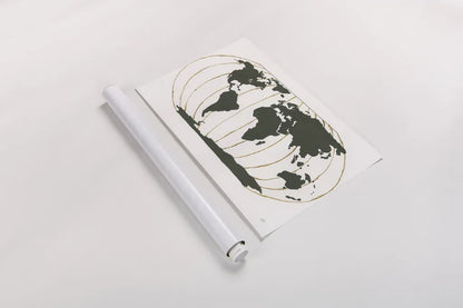 World Map Gold Lines by Chris Paschke. shown as a rolled paper print. Available as archival giclee rolled canvas, fine art paper, or poster print. SKU 53223i.