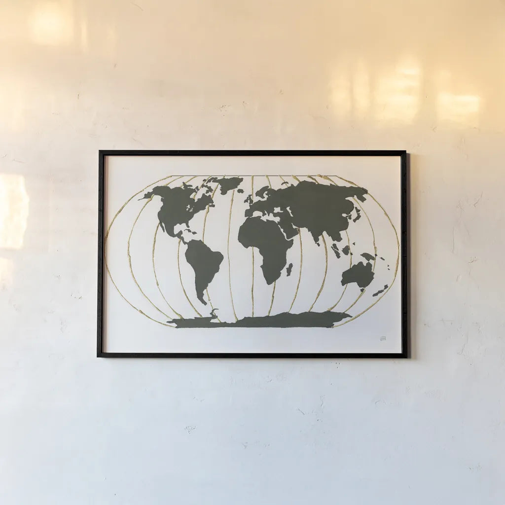 World Map Gold Lines by Chris Paschke. shown as a paper print in a black flame. Available as a archival giclee rolled canvas, fine art paper, or poster print. SKU 53223i.