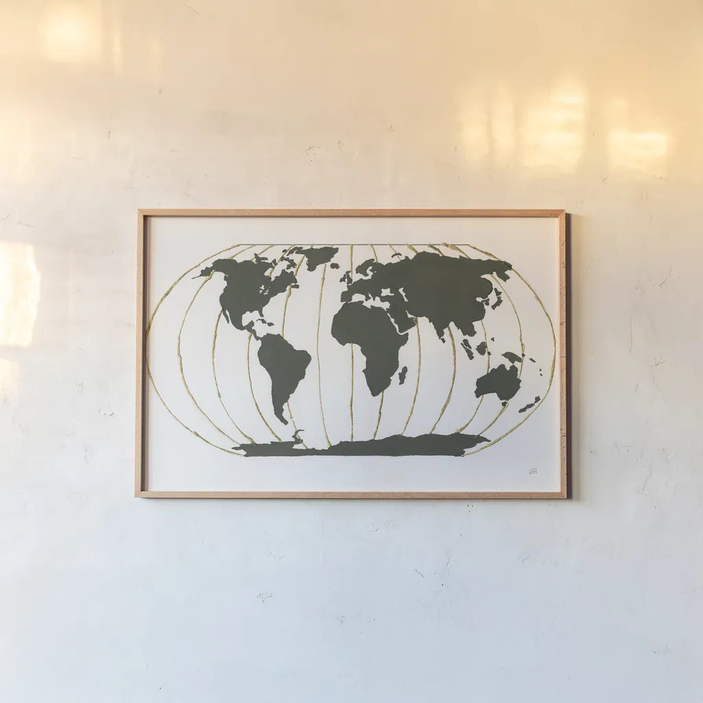 World Map Gold Lines by Chris Paschke. shown as a paper print in a natural frame. Available as a archival giclee rolled canvas, fine art paper, or poster print. SKU 53223i.