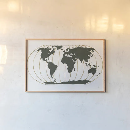 World Map Gold Lines by Chris Paschke. shown as a paper print in a natural frame. Available as a archival giclee rolled canvas, fine art paper, or poster print. SKU 53223i.