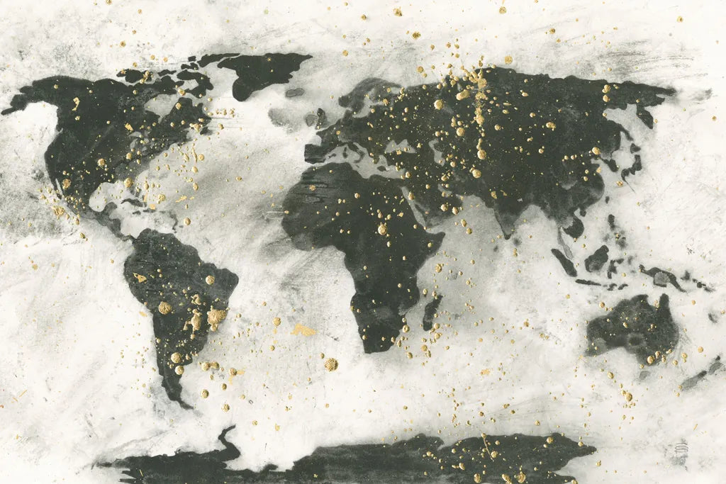 World Map Gold Speckle by Chris Paschke. SKU 53226i. Archival Giclee Fine art print for wall decor.
