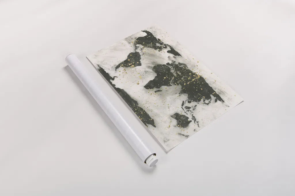 World Map Gold Speckle by Chris Paschke. shown as a rolled paper print. Available as archival giclee rolled canvas, fine art paper, or poster print. SKU 53226i.