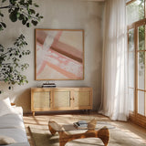 Woven II by Chris Paschke. Shown in a natural wood frame in a cozy modern living room. Available as an archival giclee rolled canvas, fine art paper, or poster print. SKU 82446a.