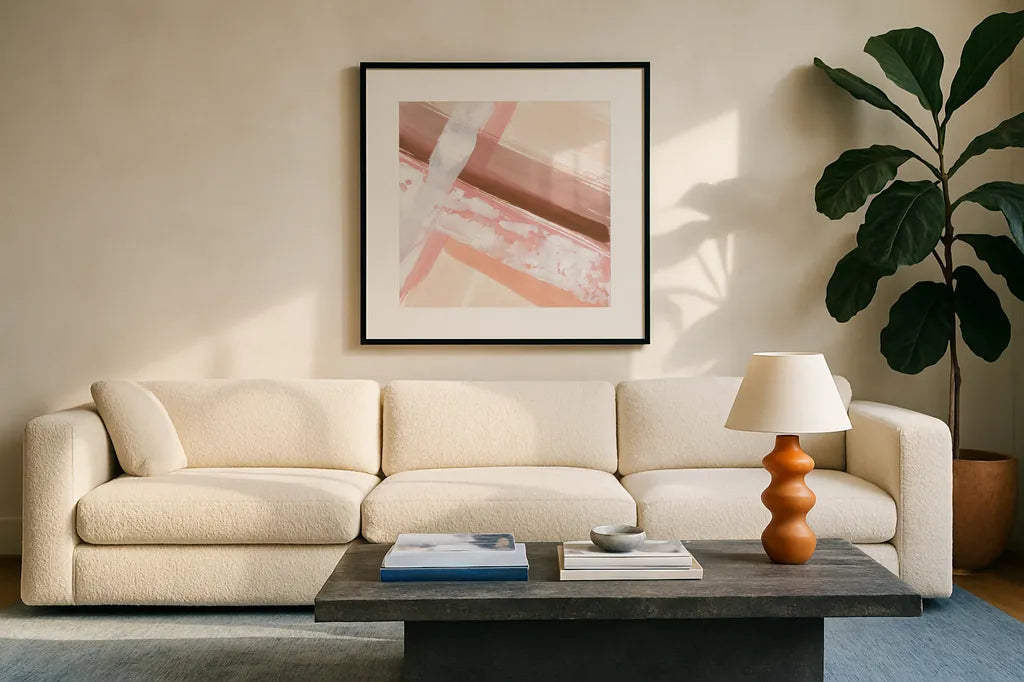 Woven II by Chris Paschke. Displayed in a glass frame with matte in a clean modern living room. Available as an archival giclee rolled canvas, fine art paper, or poster print. SKU 82446a.