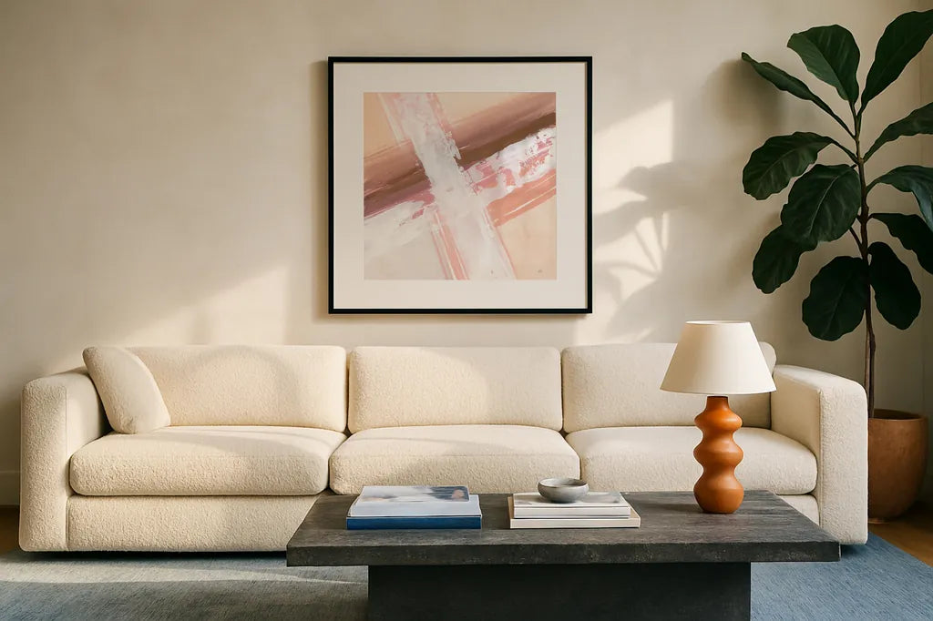 Woven III by Chris Paschke. Displayed in a glass frame with matte in a clean modern living room. Available as an archival giclee rolled canvas, fine art paper, or poster print. SKU 82447a.