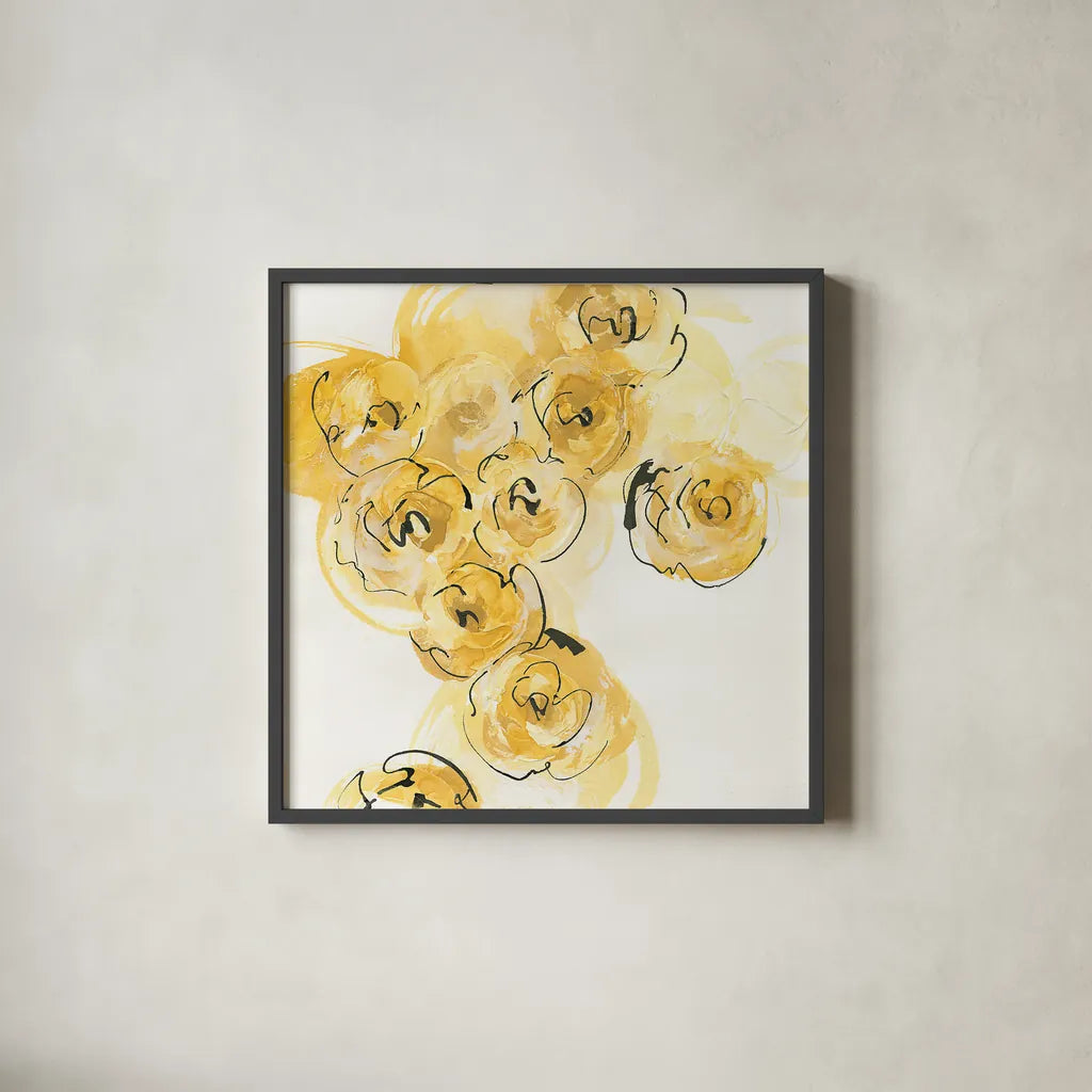 Yellow Roses Anew I by Chris Paschke. Shown in a sleek black glass frame for a contemporary gallery look. Available as an archival giclee rolled canvas, fine art paper, or poster print. SKU 22562a.