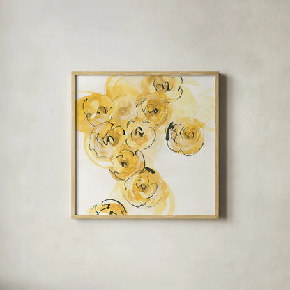 Yellow Roses Anew I by Chris Paschke. Shown in a natural wood glass frame for a timeless modern aesthetic. Available as an archival giclee rolled canvas, fine art paper, or poster print. SKU 22562a.