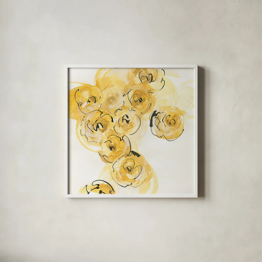 Yellow Roses Anew I by Chris Paschke. Shown in a crisp white glass frame for a clean and minimalist style. Available as an archival giclee rolled canvas, fine art paper, or poster print. SKU 22562a.