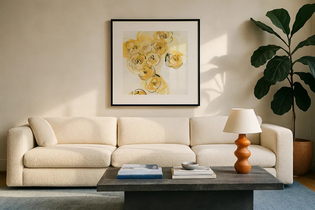 Yellow Roses Anew I by Chris Paschke. Displayed in a glass frame with matte in a clean modern living room. Available as an archival giclee rolled canvas, fine art paper, or poster print. SKU 22562a.