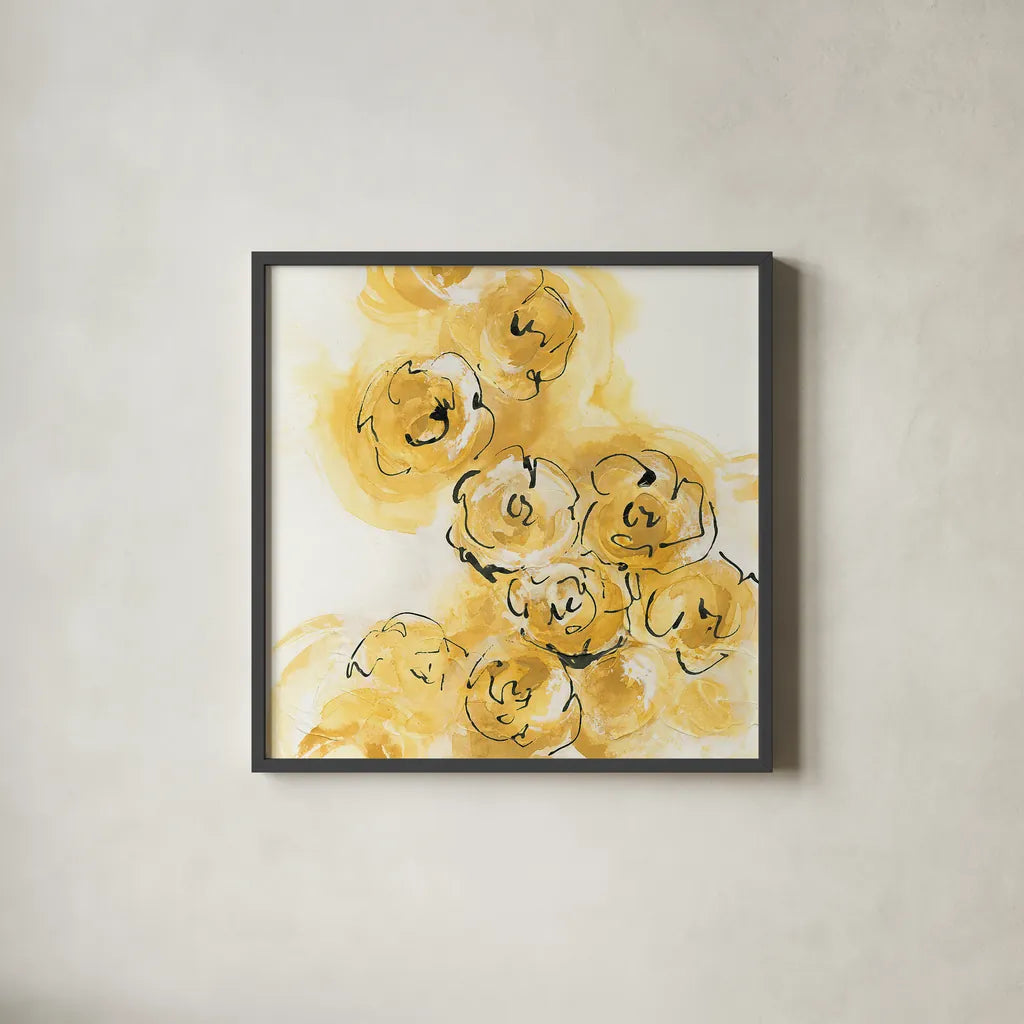 Yellow Roses Anew II by Chris Paschke. Shown in a sleek black glass frame for a contemporary gallery look. Available as an archival giclee rolled canvas, fine art paper, or poster print. SKU 22563a.