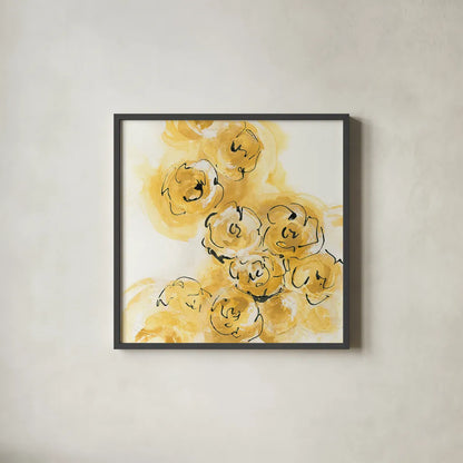 Yellow Roses Anew II by Chris Paschke. Shown in a sleek black glass frame for a contemporary gallery look. Available as an archival giclee rolled canvas, fine art paper, or poster print. SKU 22563a.