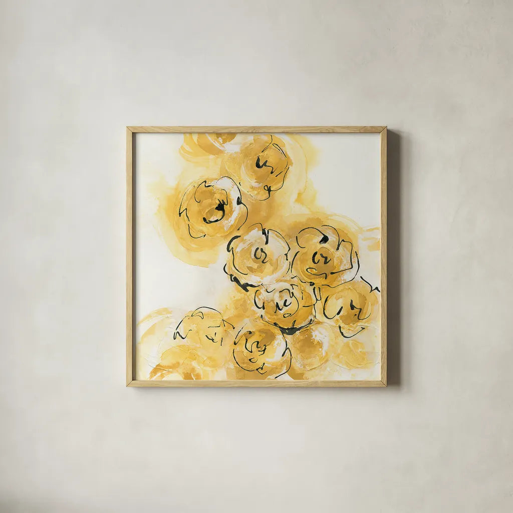 Yellow Roses Anew II by Chris Paschke. Shown in a natural wood glass frame for a timeless modern aesthetic. Available as an archival giclee rolled canvas, fine art paper, or poster print. SKU 22563a.