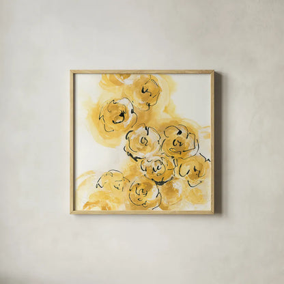 Yellow Roses Anew II by Chris Paschke. Shown in a natural wood glass frame for a timeless modern aesthetic. Available as an archival giclee rolled canvas, fine art paper, or poster print. SKU 22563a.