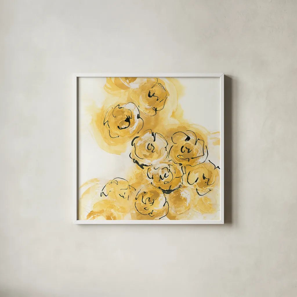 Yellow Roses Anew II by Chris Paschke. Shown in a crisp white glass frame for a clean and minimalist style. Available as an archival giclee rolled canvas, fine art paper, or poster print. SKU 22563a.