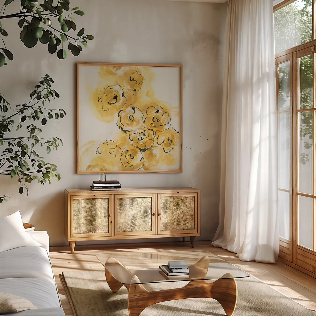 Yellow Roses Anew II by Chris Paschke. Shown in a natural wood frame in a cozy modern living room. Available as an archival giclee rolled canvas, fine art paper, or poster print. SKU 22563a.