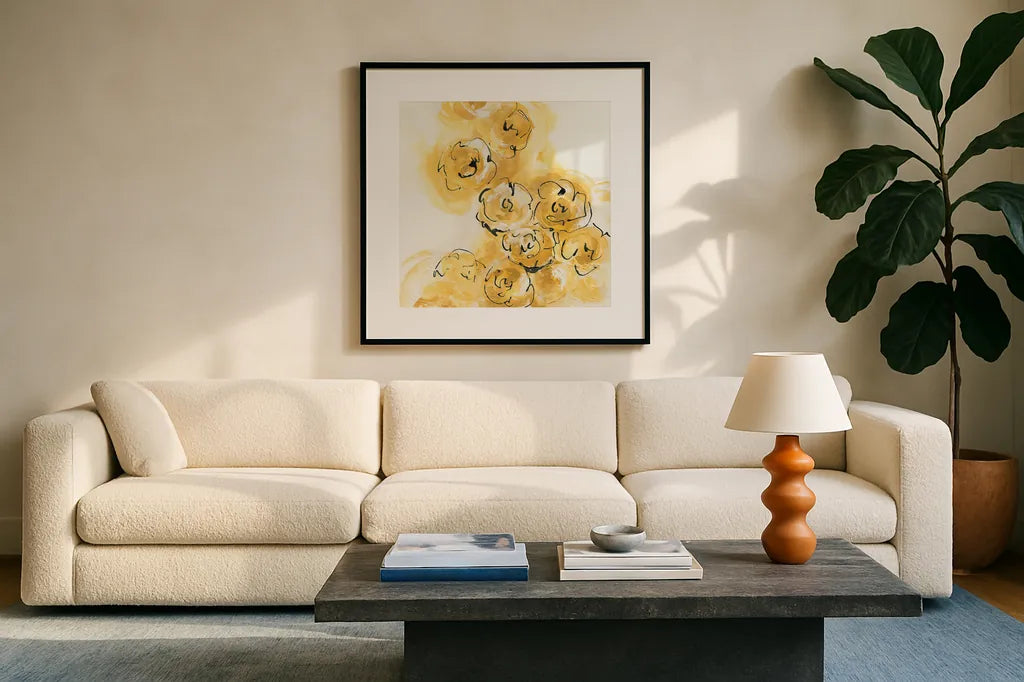 Yellow Roses Anew II by Chris Paschke. Displayed in a glass frame with matte in a clean modern living room. Available as an archival giclee rolled canvas, fine art paper, or poster print. SKU 22563a.