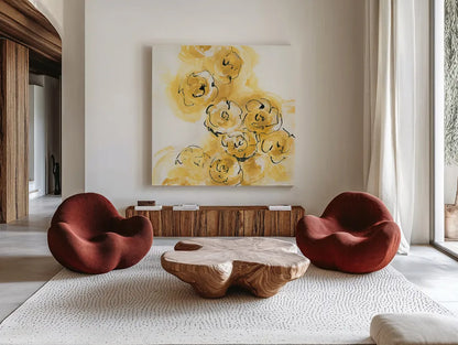 Yellow Roses Anew II by Chris Paschke. Shown as extra-large giant wall art in a modern living room. Available as an archival giclee rolled canvas, fine art paper, or poster print. SKU 22563a.