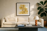 Yellow Roses Anew II v.2 by Chris Paschke. Displayed in a glass frame with matte in a clean modern living room. Available as an archival giclee rolled canvas, fine art paper, or poster print. SKU 22565a.