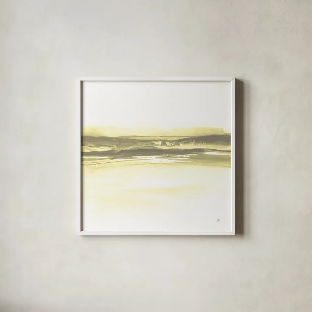 Yellow Tint Cassis I by Chris Paschke. Shown in a crisp white glass frame for a clean and minimalist style. Available as an archival giclee rolled canvas, fine art paper, or poster print. SKU 74467a.