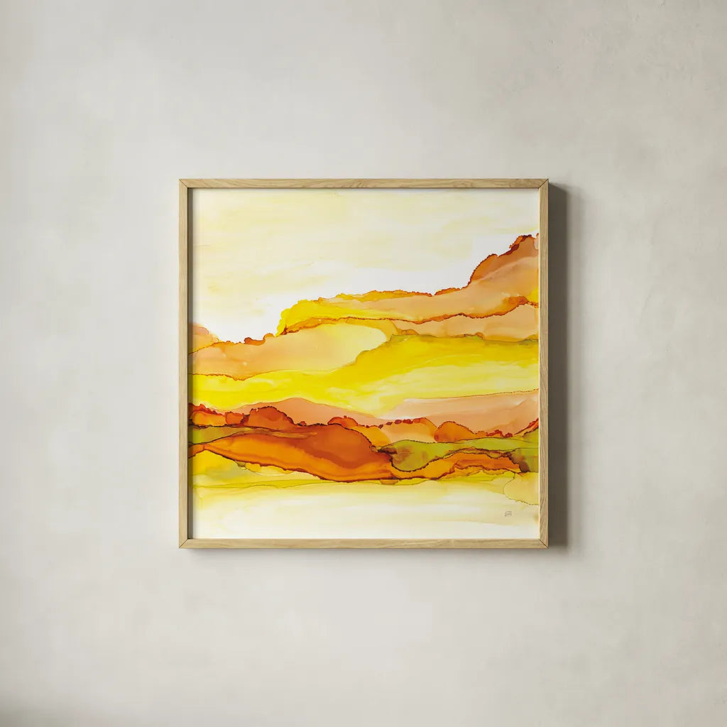 Yellowscape I by Chris Paschke. Shown in a natural wood glass frame for a timeless modern aesthetic. Available as an archival giclee rolled canvas, fine art paper, or poster print. SKU 66754a.
