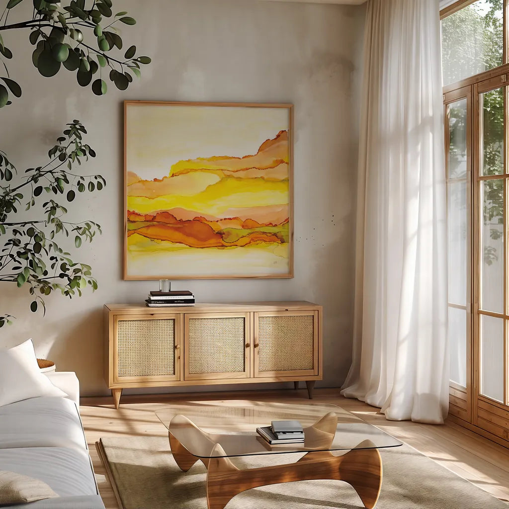 Yellowscape I by Chris Paschke. Shown in a natural wood frame in a cozy modern living room. Available as an archival giclee rolled canvas, fine art paper, or poster print. SKU 66754a.