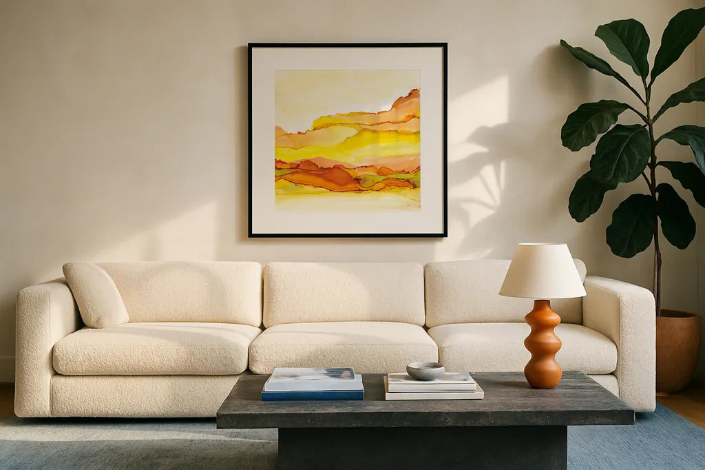 Yellowscape I by Chris Paschke. Displayed in a glass frame with matte in a clean modern living room. Available as an archival giclee rolled canvas, fine art paper, or poster print. SKU 66754a.