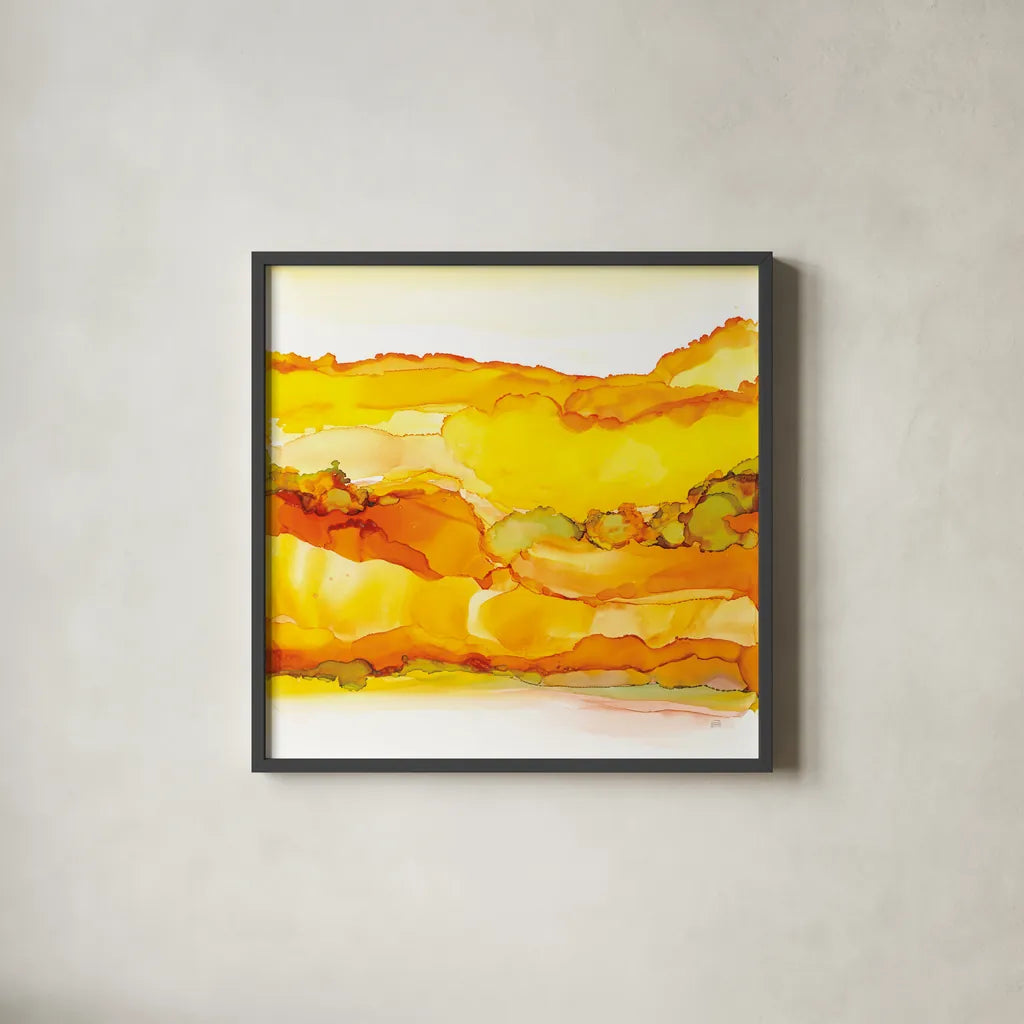 Yellowscape II by Chris Paschke. Shown in a sleek black glass frame for a contemporary gallery look. Available as an archival giclee rolled canvas, fine art paper, or poster print. SKU 66755a.