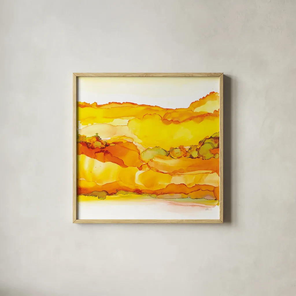 Yellowscape II by Chris Paschke. Shown in a natural wood glass frame for a timeless modern aesthetic. Available as an archival giclee rolled canvas, fine art paper, or poster print. SKU 66755a.