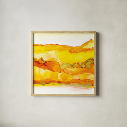 Yellowscape II by Chris Paschke. Shown in a natural wood glass frame for a timeless modern aesthetic. Available as an archival giclee rolled canvas, fine art paper, or poster print. SKU 66755a.