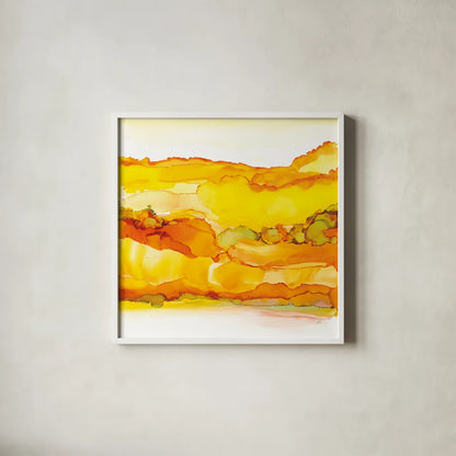 Yellowscape II by Chris Paschke. Shown in a crisp white glass frame for a clean and minimalist style. Available as an archival giclee rolled canvas, fine art paper, or poster print. SKU 66755a.