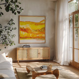 Yellowscape II by Chris Paschke. Shown in a natural wood frame in a cozy modern living room. Available as an archival giclee rolled canvas, fine art paper, or poster print. SKU 66755a.