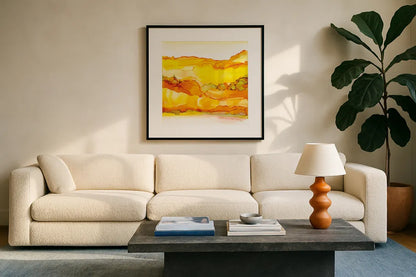 Yellowscape II by Chris Paschke. Displayed in a glass frame with matte in a clean modern living room. Available as an archival giclee rolled canvas, fine art paper, or poster print. SKU 66755a.