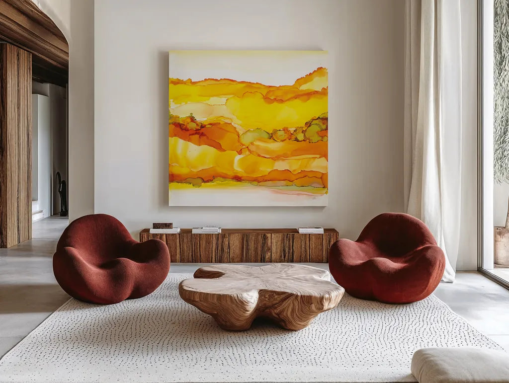 Yellowscape II by Chris Paschke. Shown as extra-large giant wall art in a modern living room. Available as an archival giclee rolled canvas, fine art paper, or poster print. SKU 66755a.