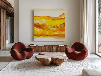 Yellowscape II by Chris Paschke. Shown as extra-large giant wall art in a modern living room. Available as an archival giclee rolled canvas, fine art paper, or poster print. SKU 66755a.