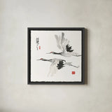 Zen Crane I by Chris Paschke. Shown in a sleek black glass frame for a contemporary gallery look. Available as an archival giclee rolled canvas, fine art paper, or poster print. SKU 35081a.